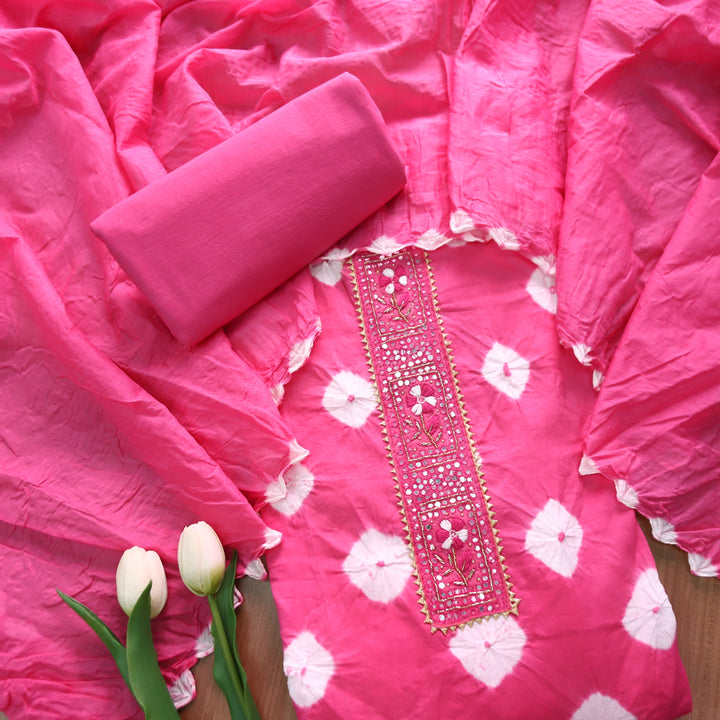 Dulhan Fuscia Pink Patra Work Lace Patch Authentic Bandhej Work Cotton Suit Set