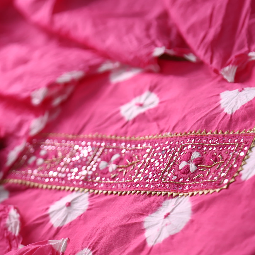 Dulhan Fuscia Pink Patra Work Lace Patch Authentic Bandhej Work Cotton Suit Set