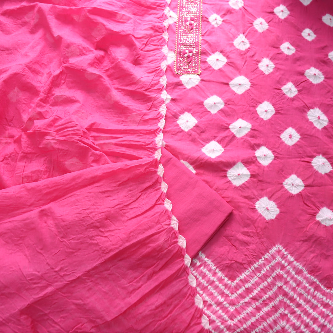 Dulhan Fuscia Pink Patra Work Lace Patch Authentic Bandhej Work Cotton Suit Set