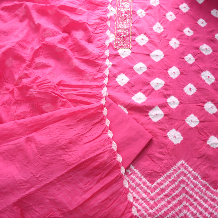 Dulhan Fuscia Pink Patra Work Lace Patch Authentic Bandhej Work Cotton Suit Set