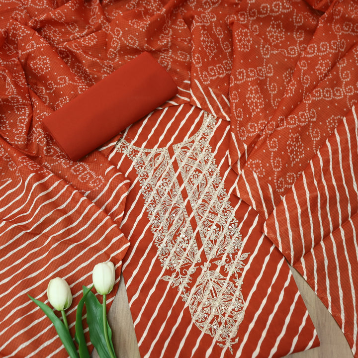 Dulhan Rust Orange All Over Leheriya Print with Embellish Neck Work Cotton Suit Set
