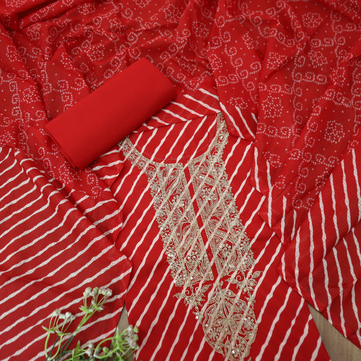 Dulhan Tomato Red All Over Leheriya Print with Embellish Neck Work Cotton Suit Set