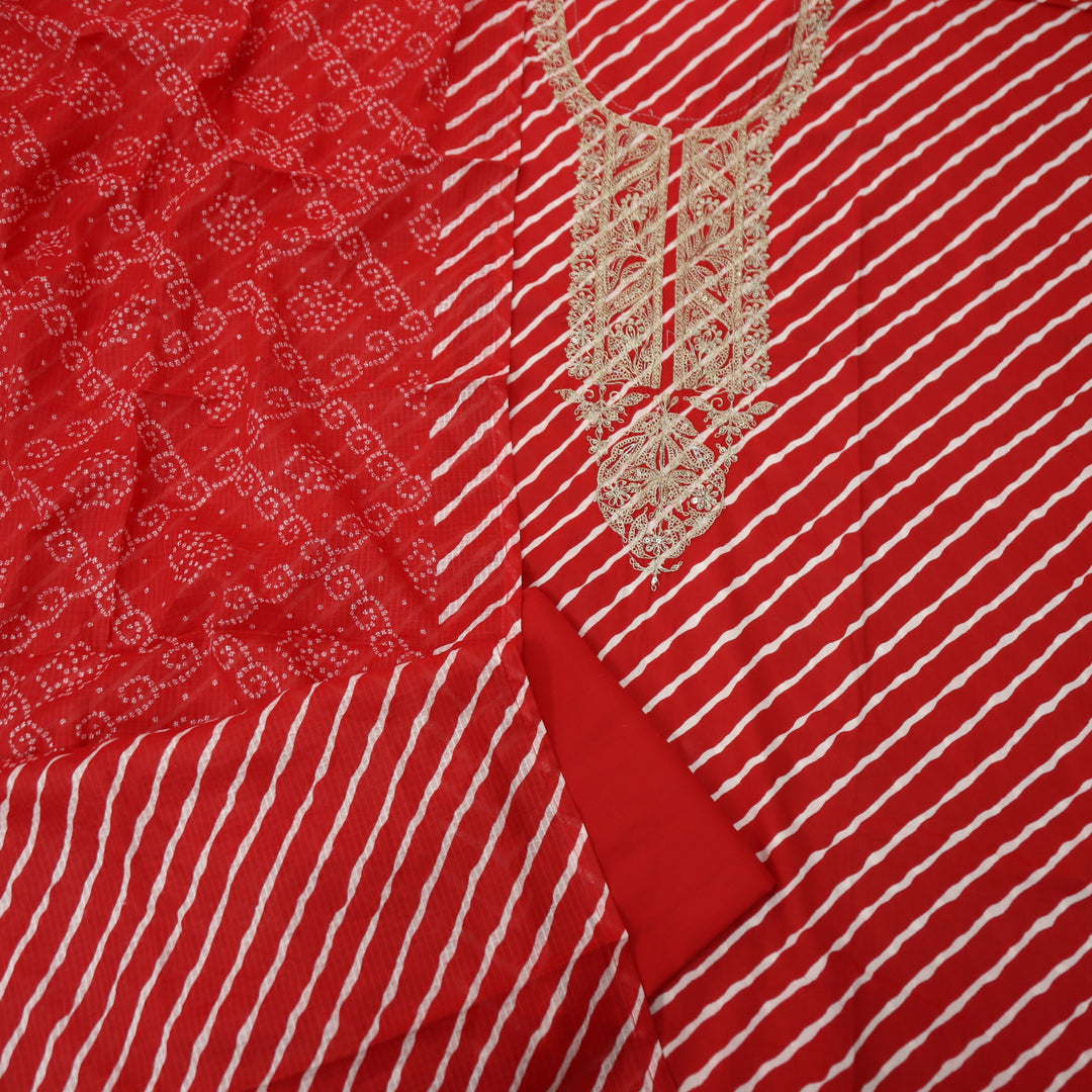 Dulhan Tomato Red All Over Leheriya Print with Embellish Neck Work Cotton Suit Set