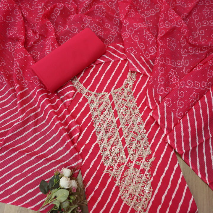 Dulhan Barbie Pink All Over Leheriya Print with Embellish Neck Work Cotton Suit Set