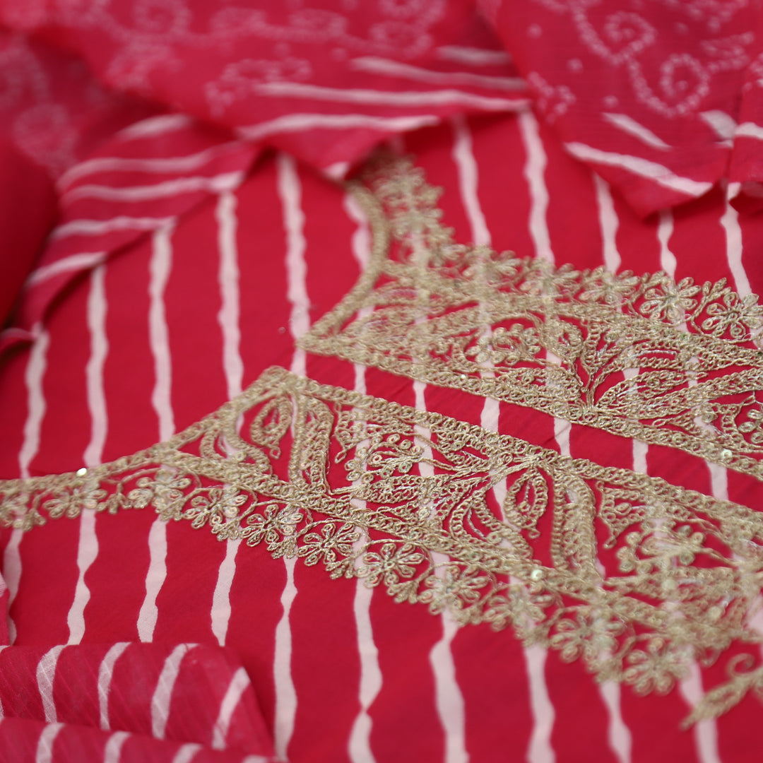 Dulhan Barbie Pink All Over Leheriya Print with Embellish Neck Work Cotton Suit Set