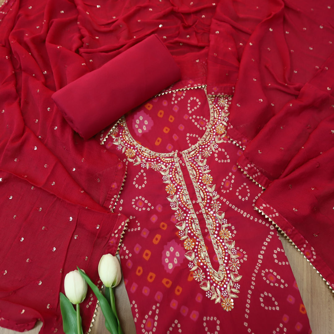 Riwaish Rani Pink Zari with Kardana Embellish Neck Work Bandhani Print Cotton Set