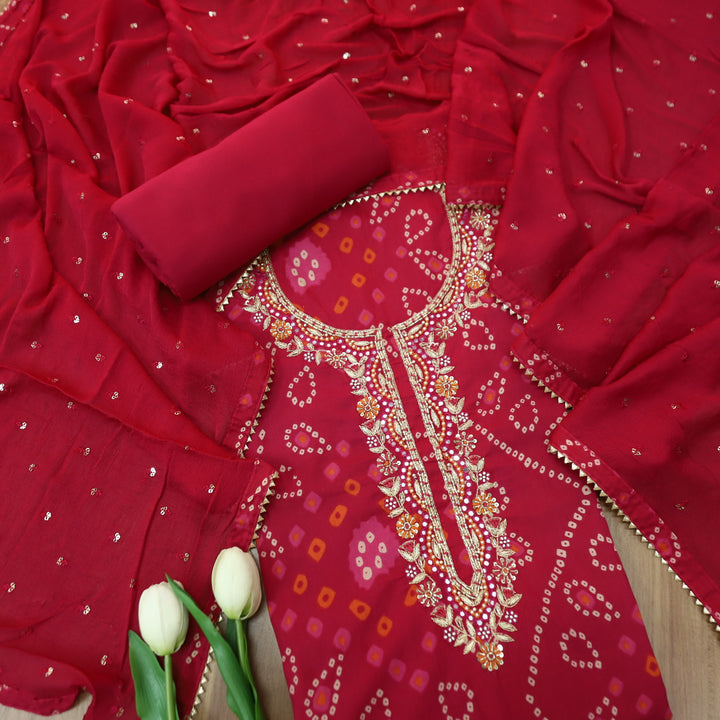 Riwaish Rani Pink Zari with Kardana Embellish Neck Work Bandhani Print Cotton Set
