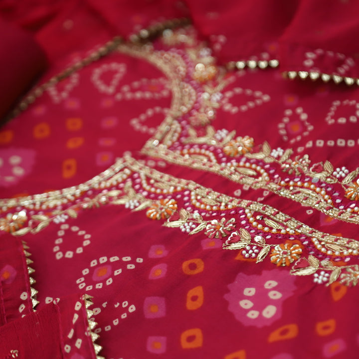 Riwaish Rani Pink Zari with Kardana Embellish Neck Work Bandhani Print Cotton Set