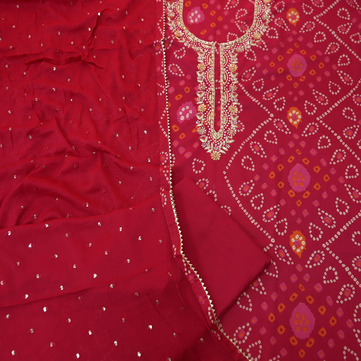 Riwaish Rani Pink Zari with Kardana Embellish Neck Work Bandhani Print Cotton Set