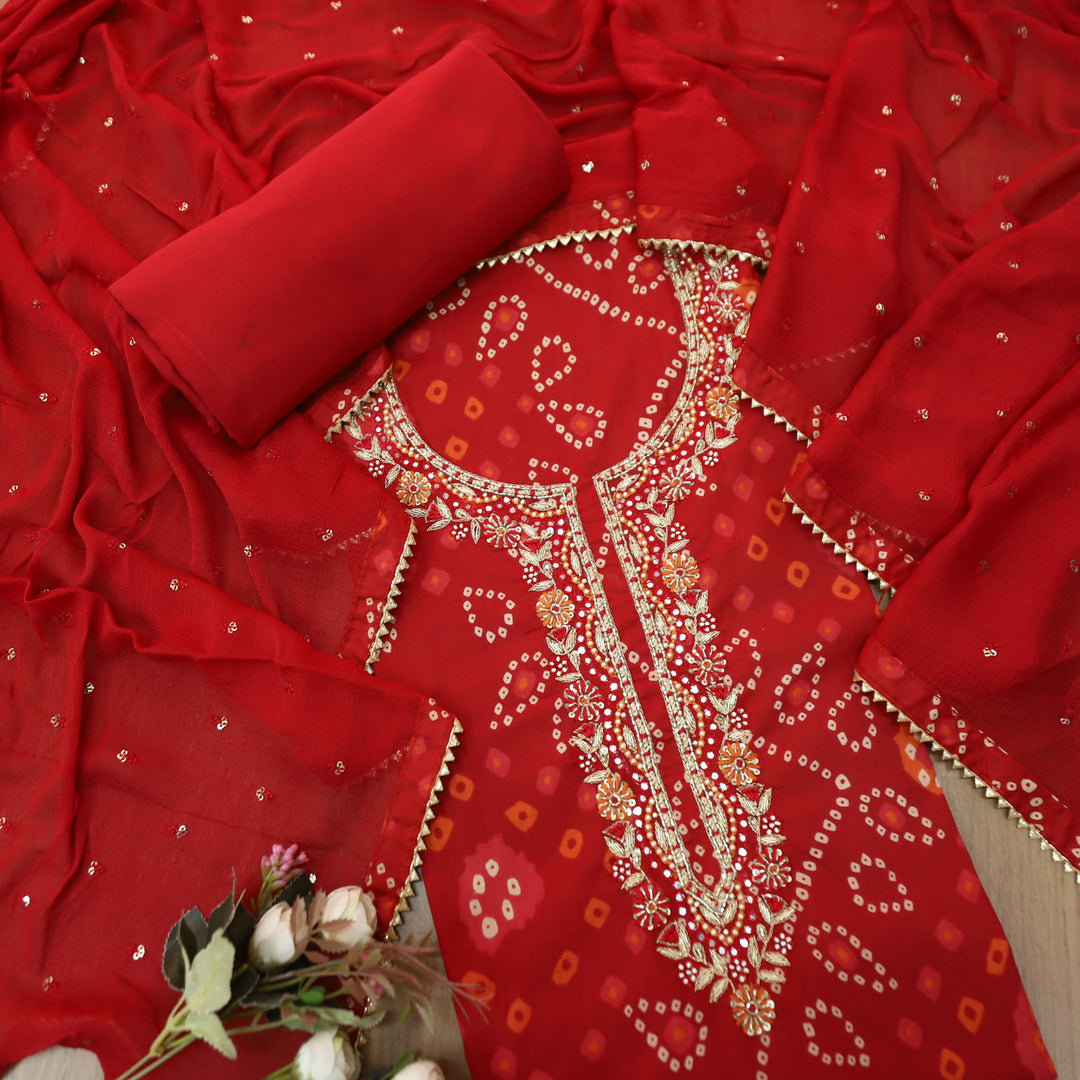 Riwaish Dark Red Zari with Kardana Embellish Neck Work Bandhani Print Cotton Set