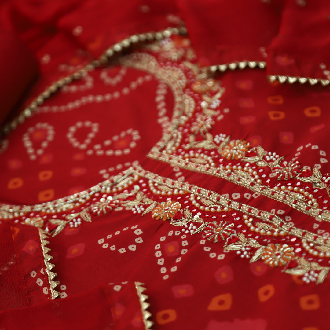 Riwaish Dark Red Zari with Kardana Embellish Neck Work Bandhani Print Cotton Set