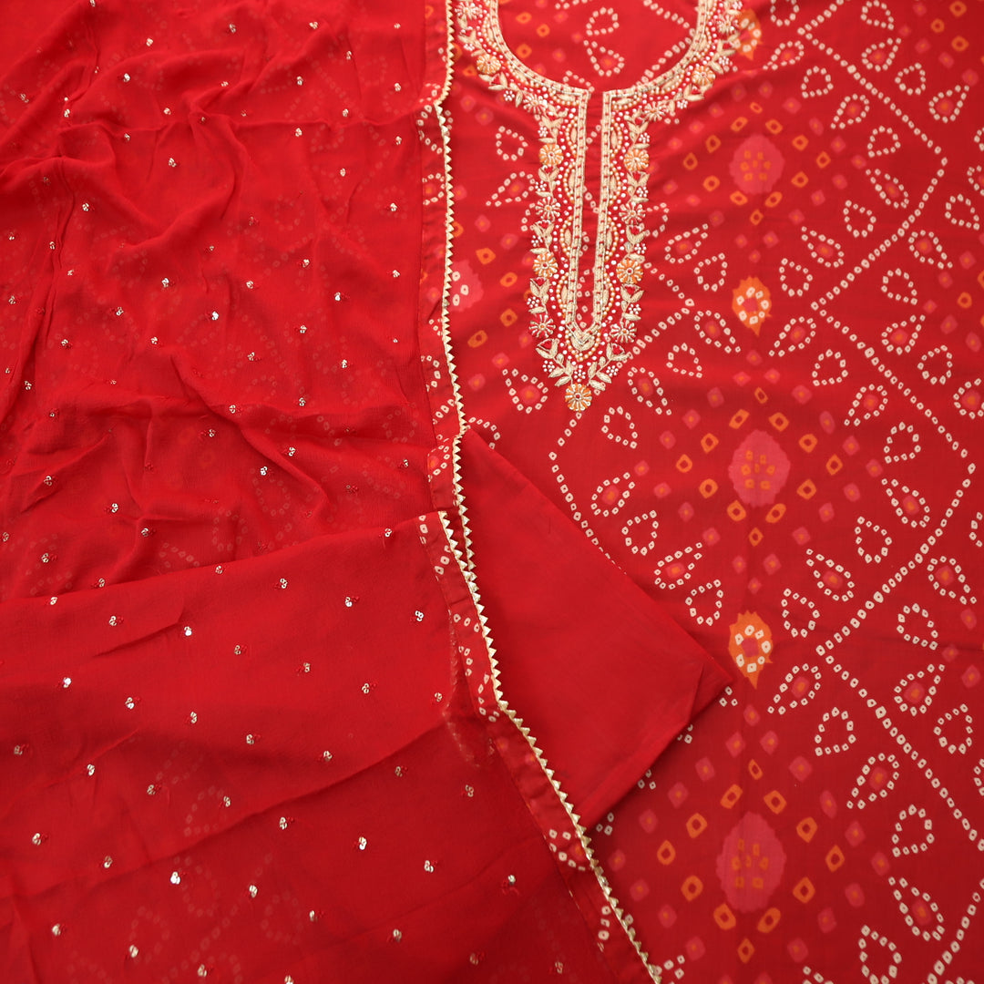 Riwaish Dark Red Zari with Kardana Embellish Neck Work Bandhani Print Cotton Set