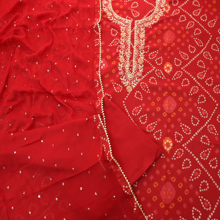 Riwaish Dark Red Zari with Kardana Embellish Neck Work Bandhani Print Cotton Set