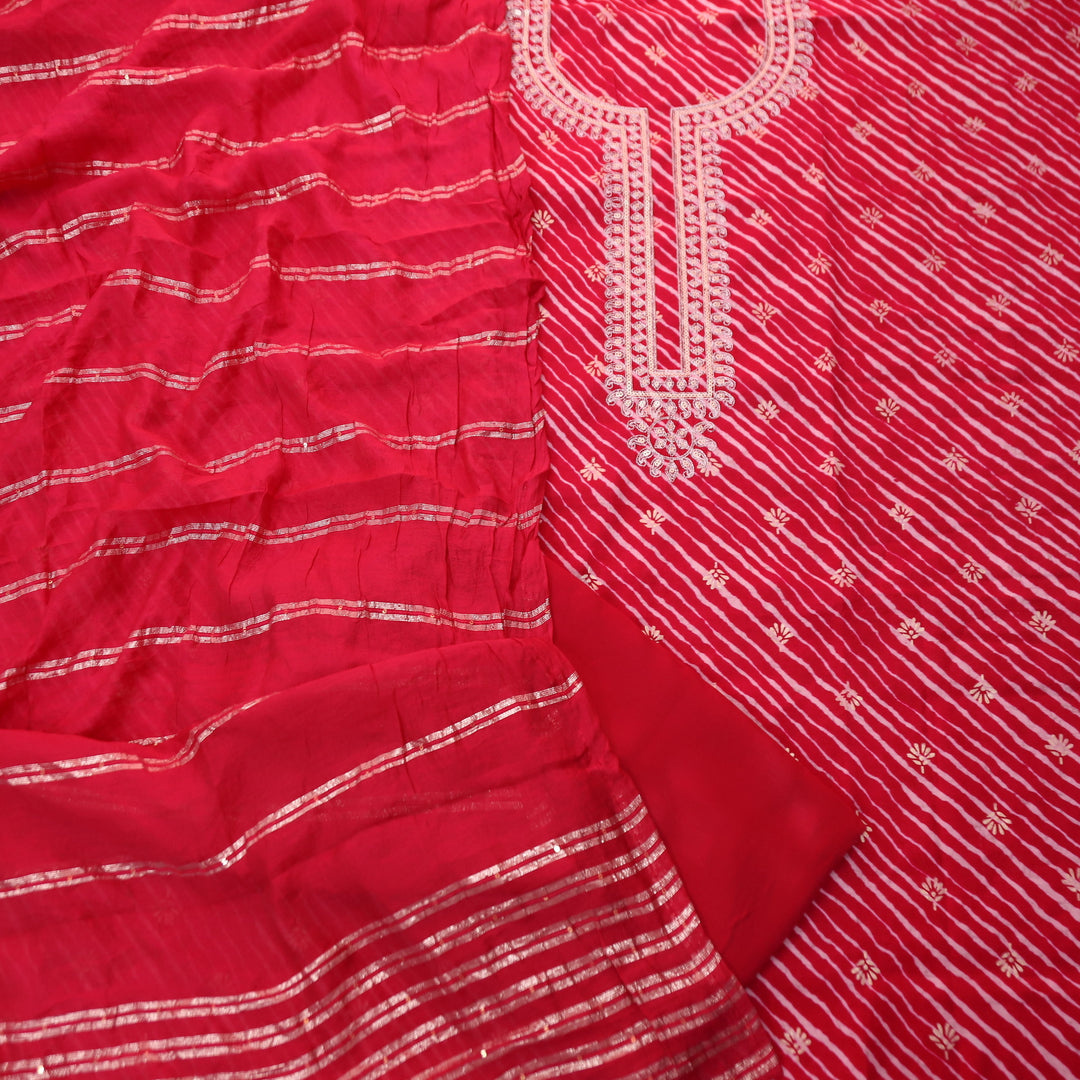Sajna Maharani Pink Embellish Zari Neck with Foil Work Leheriya Print Modal Suit Set