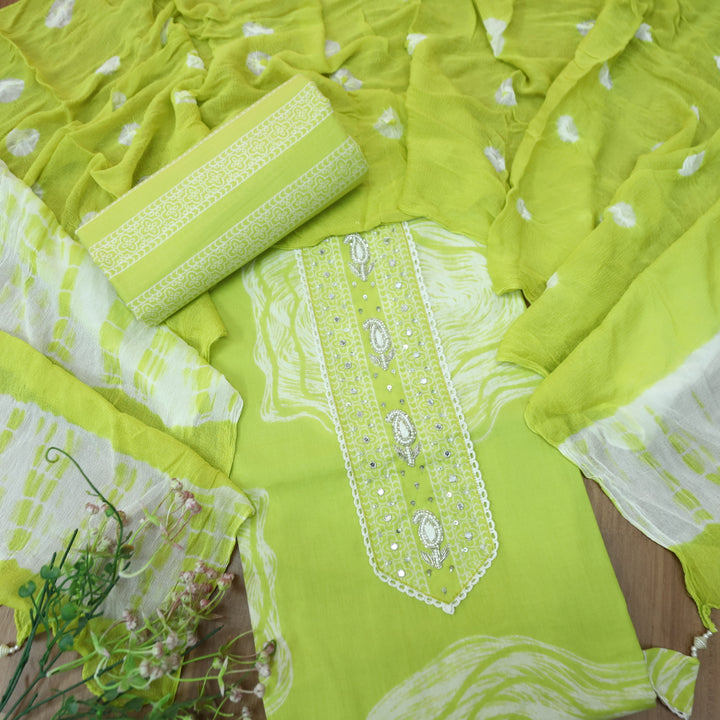 Sohini Neon Green Moti and Kardana Work Patch on Front Printed Cotton Suit Set