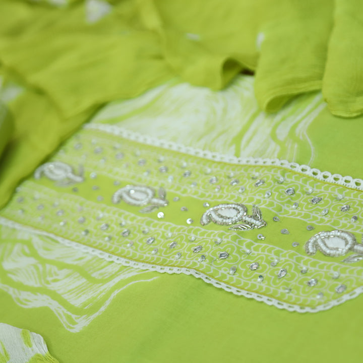Sohini Neon Green Moti and Kardana Work Patch on Front Printed Cotton Suit Set