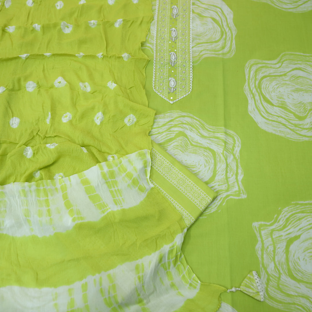 Sohini Neon Green Moti and Kardana Work Patch on Front Printed Cotton Suit Set