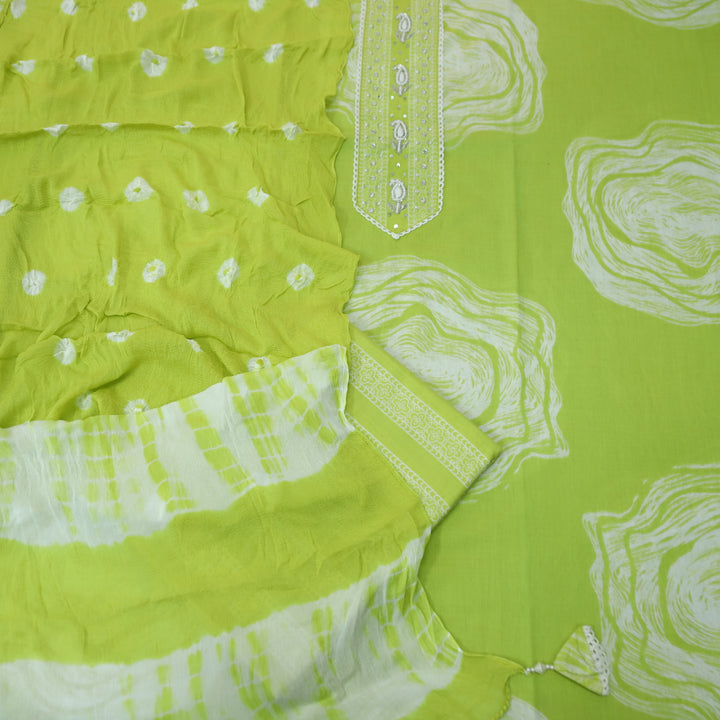 Sohini Neon Green Moti and Kardana Work Patch on Front Printed Cotton Suit Set