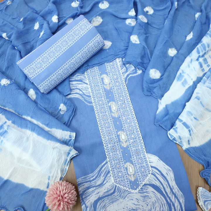 Sohini Sapphire Blue Moti and Kardana Work Patch on Front Printed Cotton Suit Set