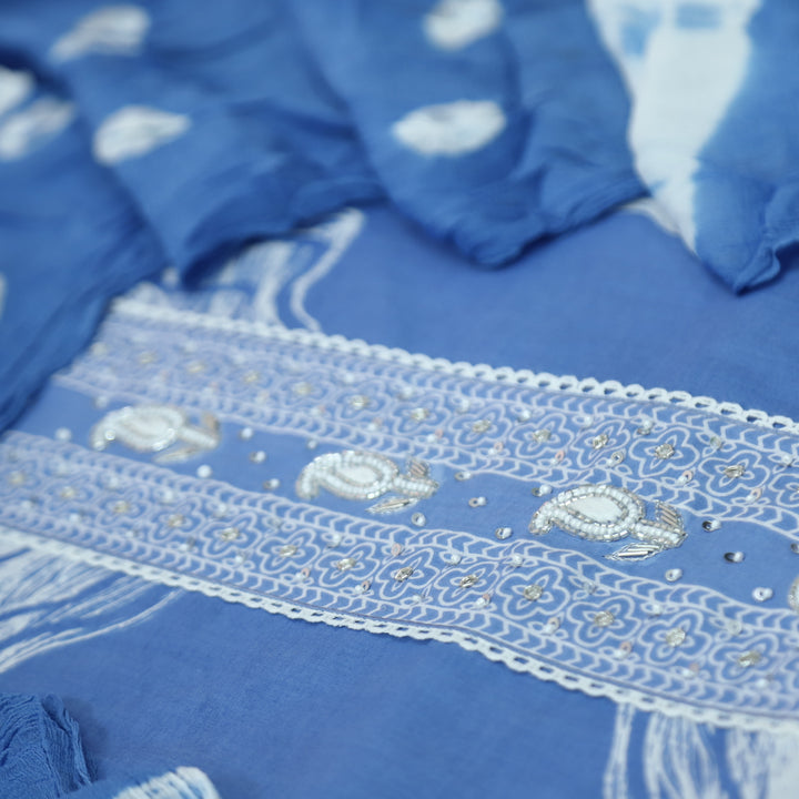 Sohini Sapphire Blue Moti and Kardana Work Patch on Front Printed Cotton Suit Set