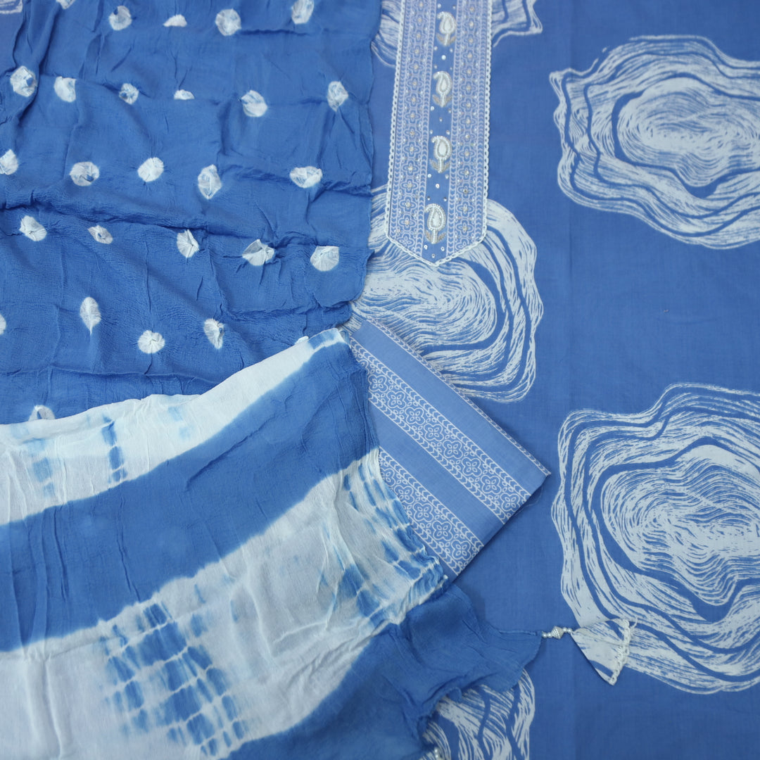 Sohini Sapphire Blue Moti and Kardana Work Patch on Front Printed Cotton Suit Set