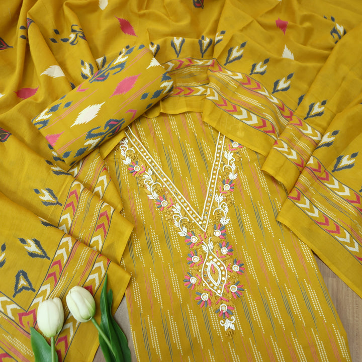 Adaa Dandelion Yellow V Neck in Moti Work Digital Printed Cotton Suit Set