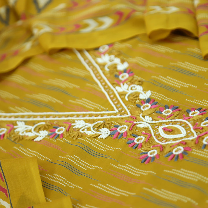 Adaa Dandelion Yellow V Neck in Moti Work Digital Printed Cotton Suit Set