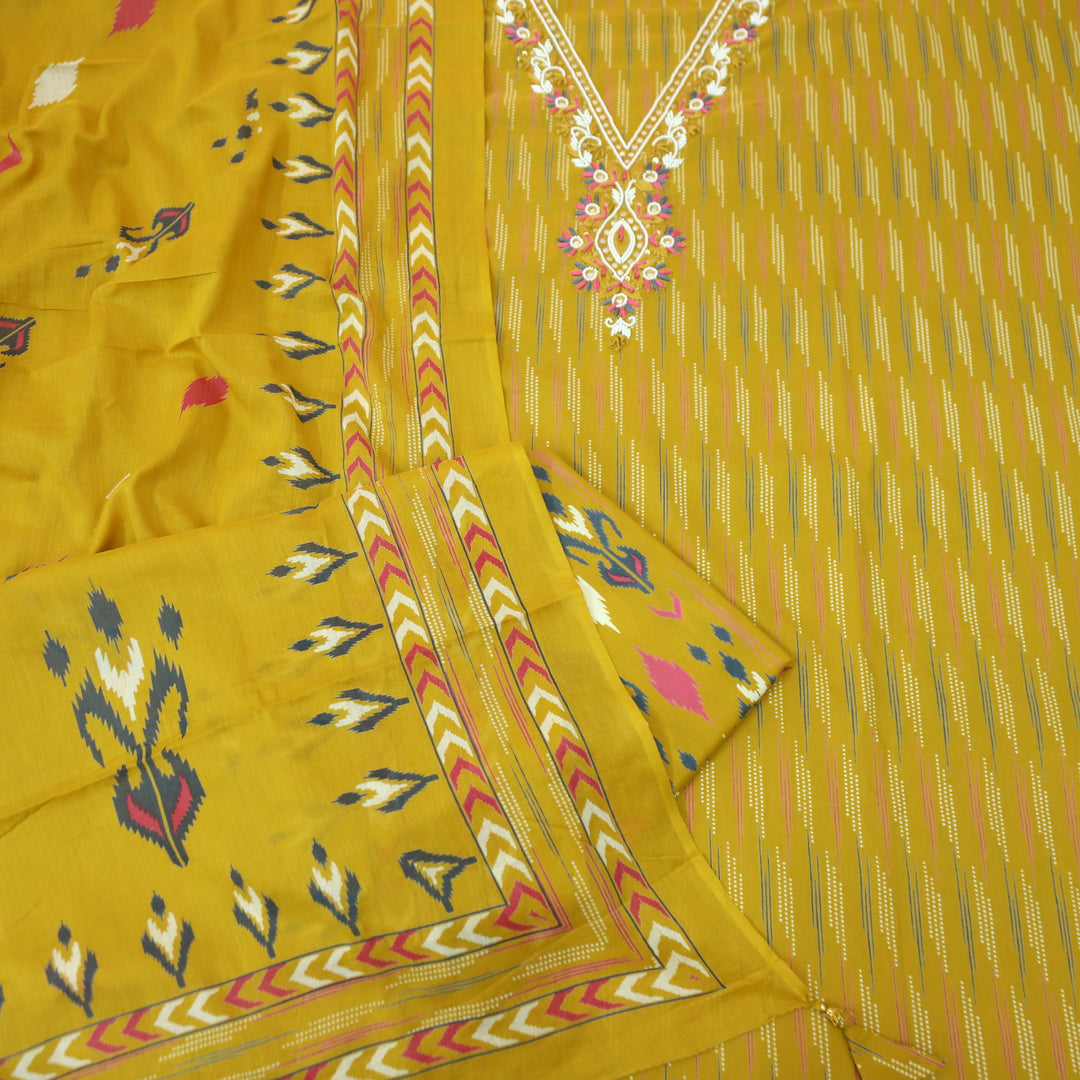 Adaa Dandelion Yellow V Neck in Moti Work Digital Printed Cotton Suit Set