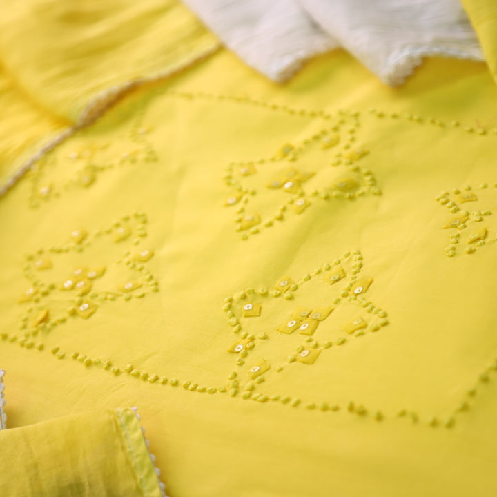 Neelamaber Bright Yellow French Knot with Applique Work on Front Cotton Set
