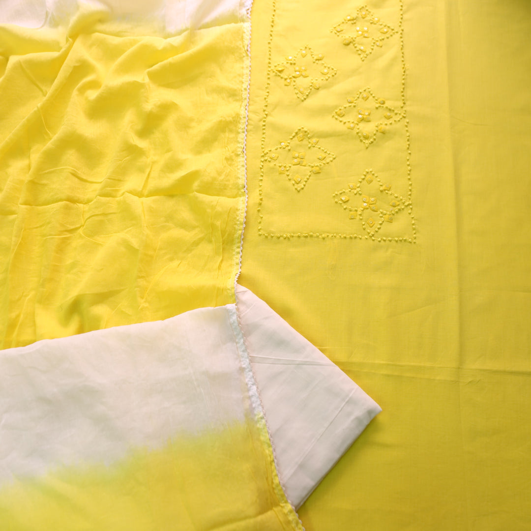 Neelamaber Bright Yellow French Knot with Applique Work on Front Cotton Set