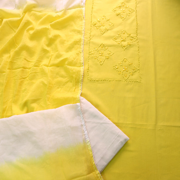 Neelamaber Bright Yellow French Knot with Applique Work on Front Cotton Set