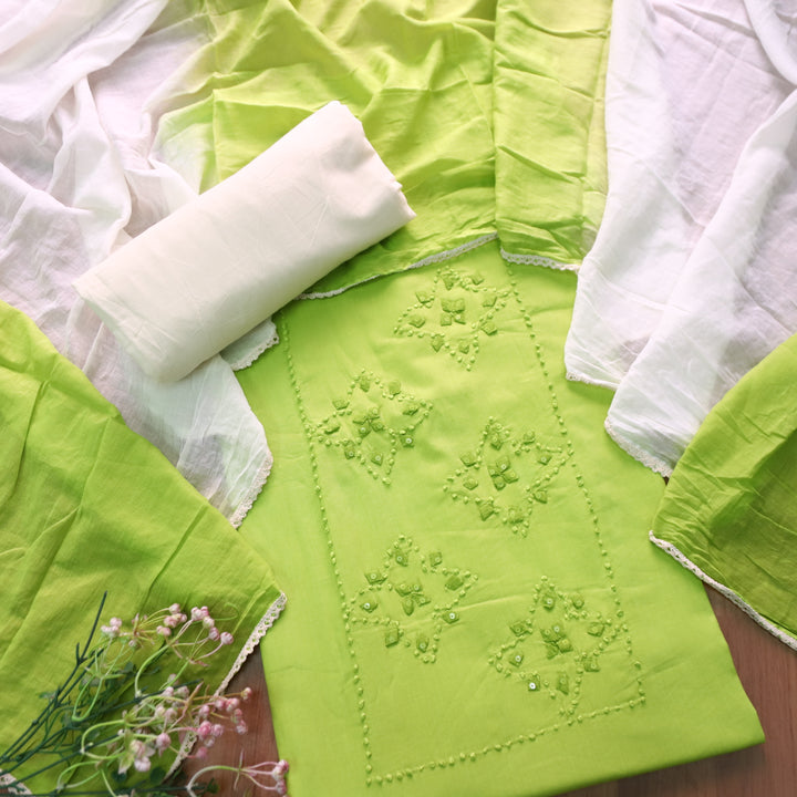 Neelamaber Parrot Green French Knot with Applique Work on Front Cotton Set