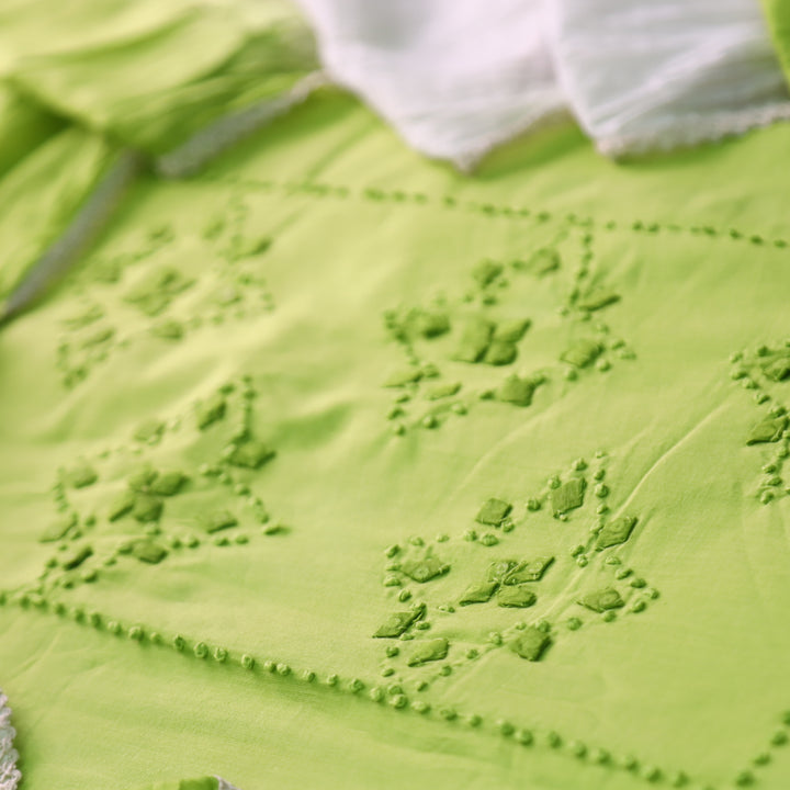 Neelamaber Parrot Green French Knot with Applique Work on Front Cotton Set
