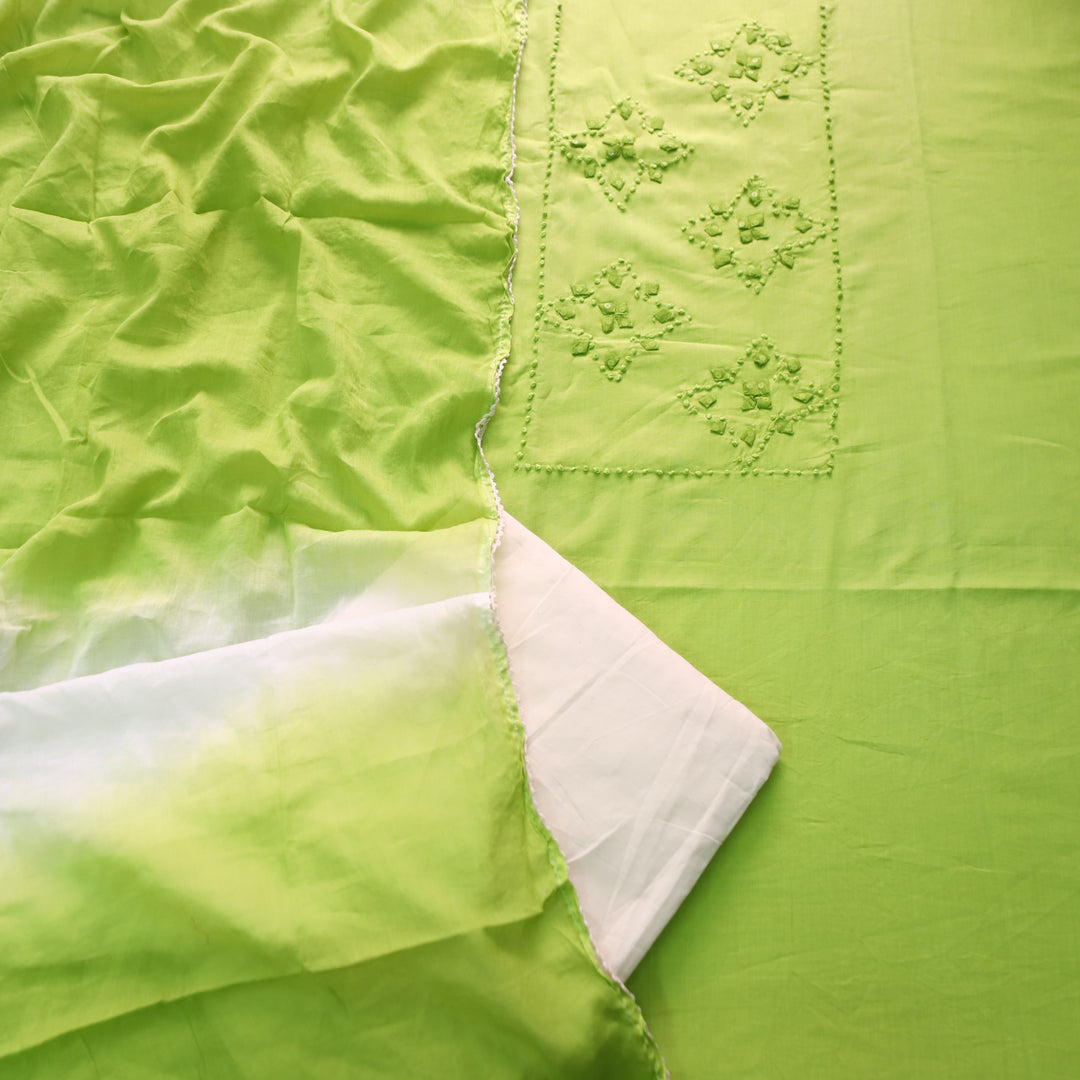 Neelamaber Parrot Green French Knot with Applique Work on Front Cotton Set