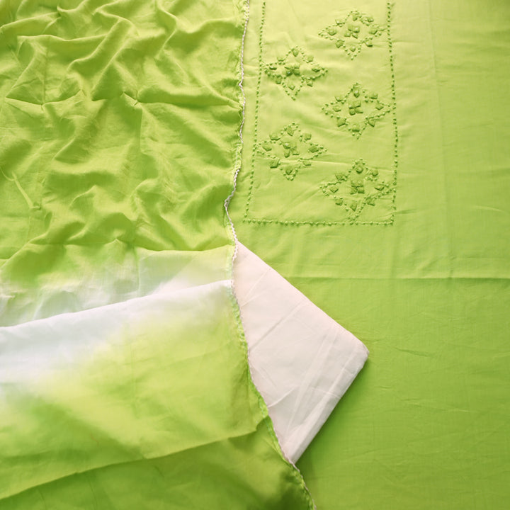 Neelamaber Parrot Green French Knot with Applique Work on Front Cotton Set