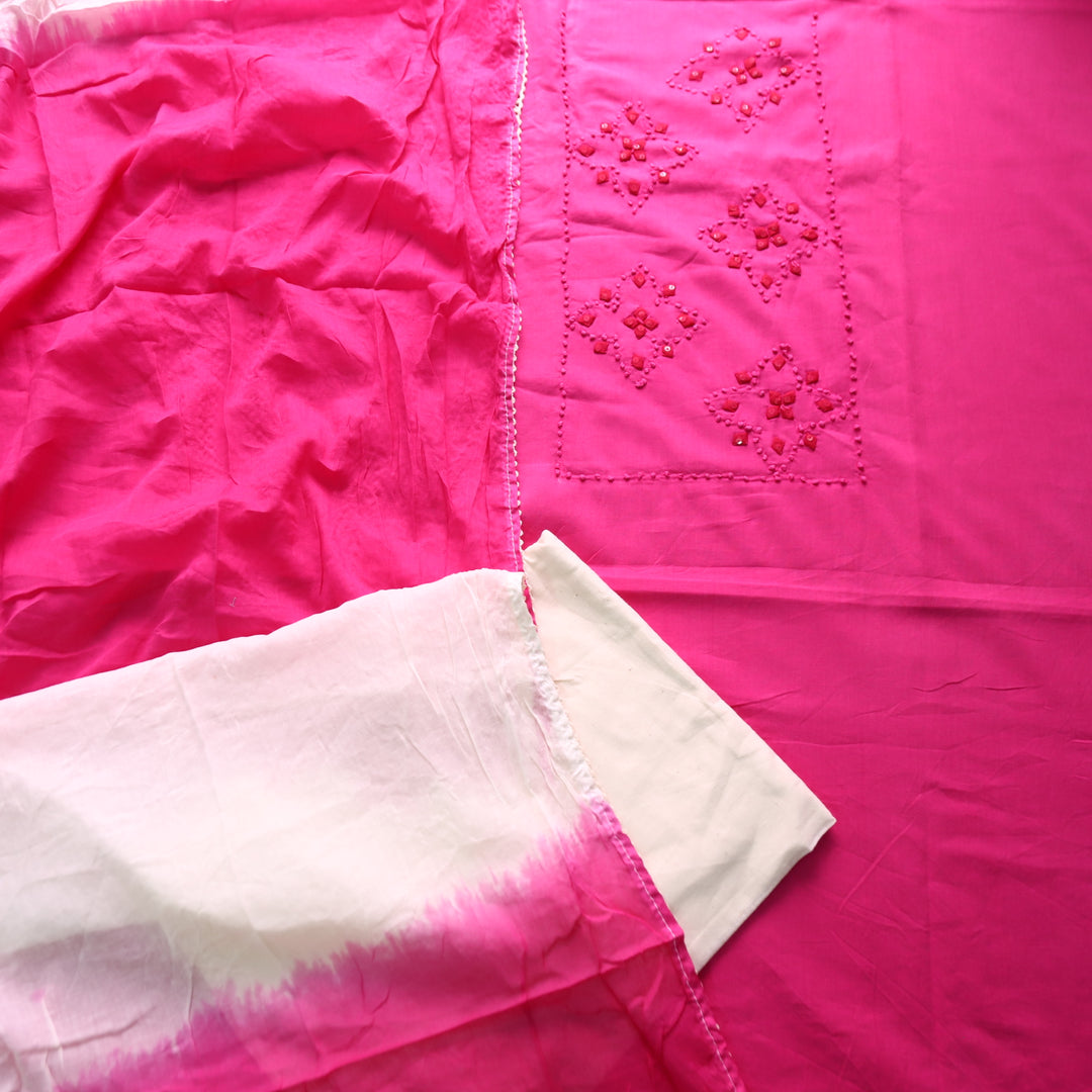 Neelamaber Magenta Pink French Knot with Applique Work on Front Cotton Set