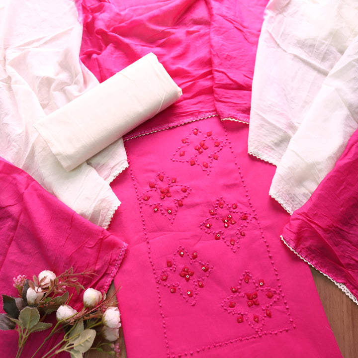 Neelamaber Magenta Pink French Knot with Applique Work on Front Cotton Set