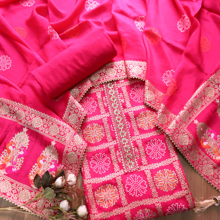Naari Rani Pink Embellished Neck in All Over Brocade Work Dola Silk Suit Set