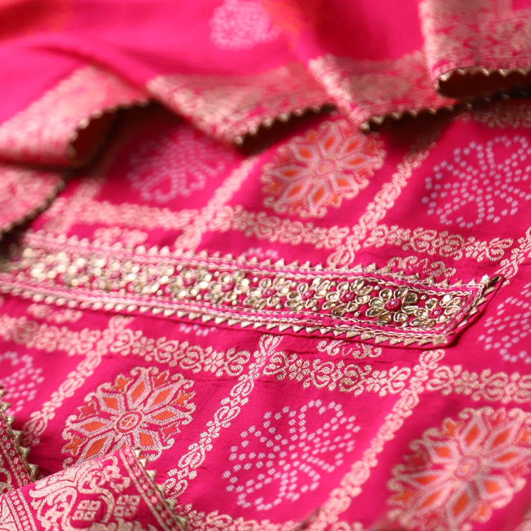 Naari Rani Pink Embellished Neck in All Over Brocade Work Dola Silk Suit Set