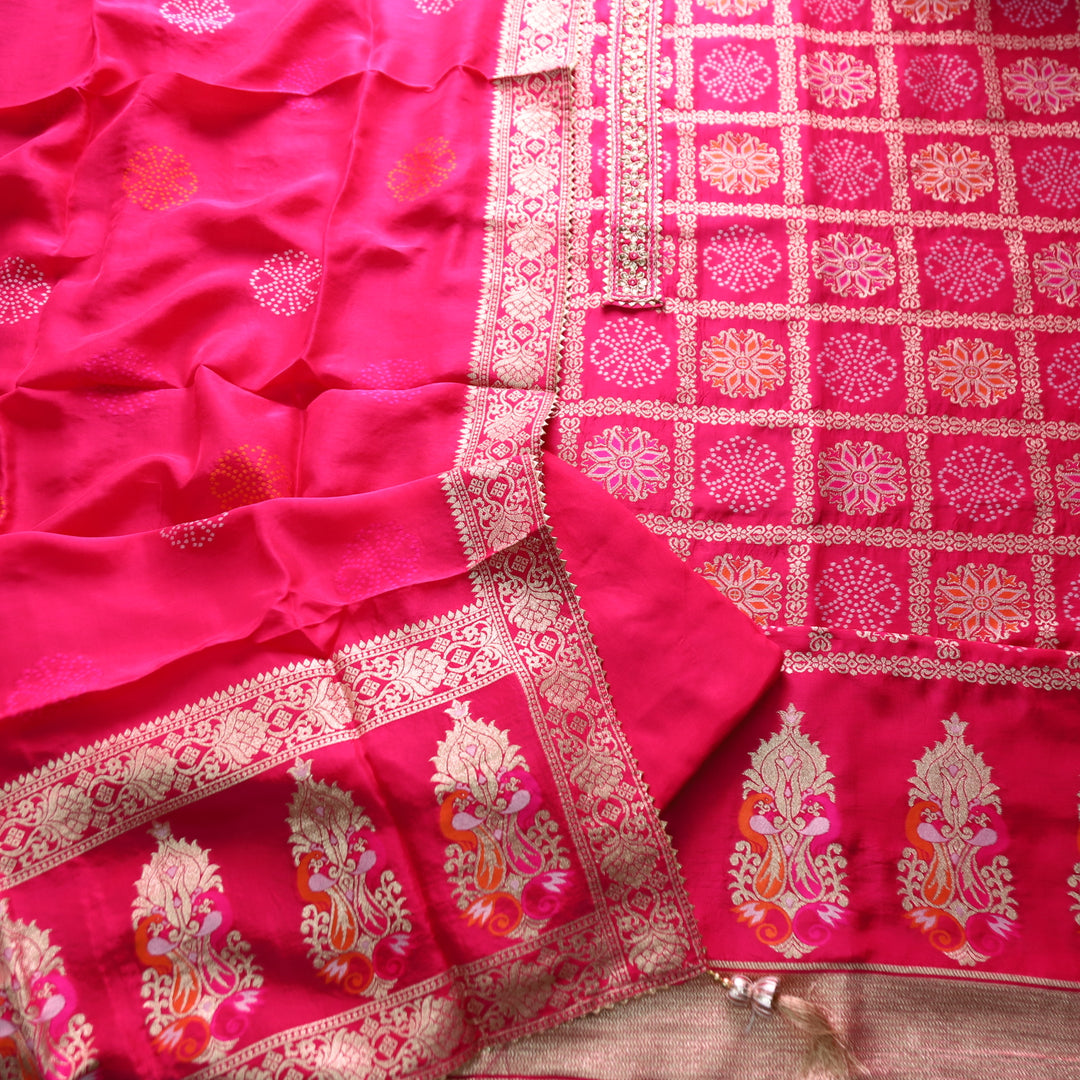 Naari Rani Pink Embellished Neck in All Over Brocade Work Dola Silk Suit Set