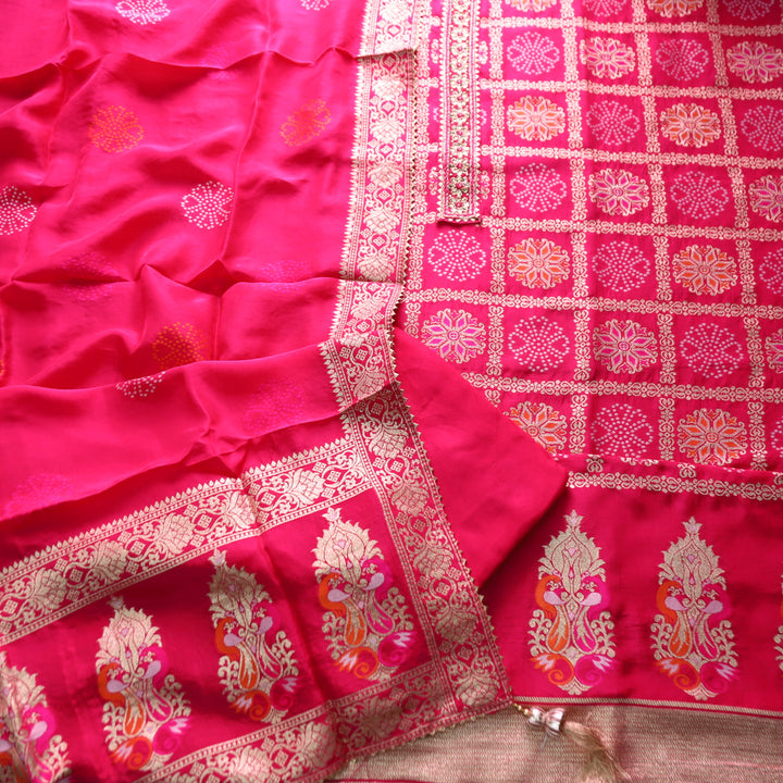 Naari Rani Pink Embellished Neck in All Over Brocade Work Dola Silk Suit Set