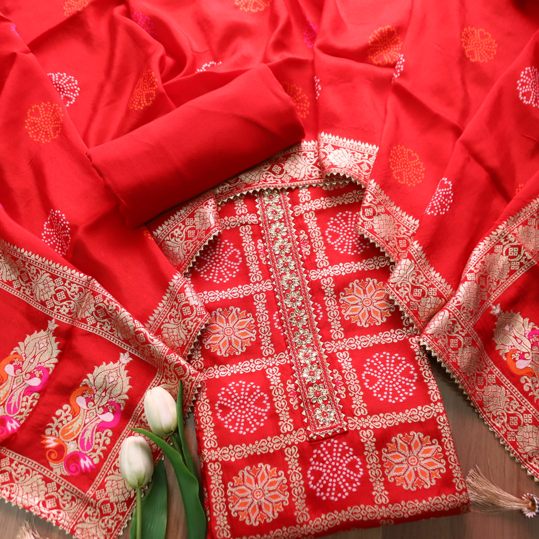 Naari Bride Red Embellished Neck in All Over Brocade Work Dola Silk Suit Set