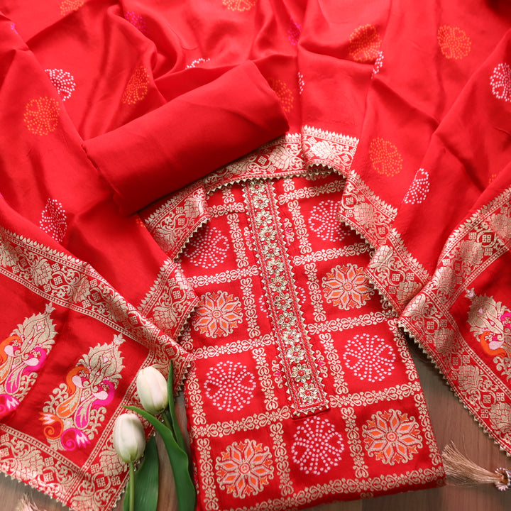 Naari Bride Red Embellished Neck in All Over Brocade Work Dola Silk Suit Set