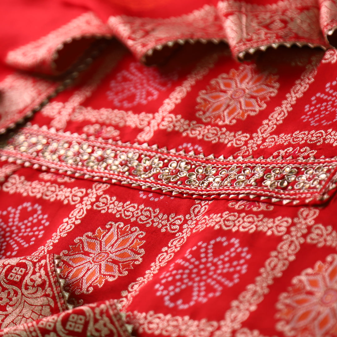 Naari Bride Red Embellished Neck in All Over Brocade Work Dola Silk Suit Set