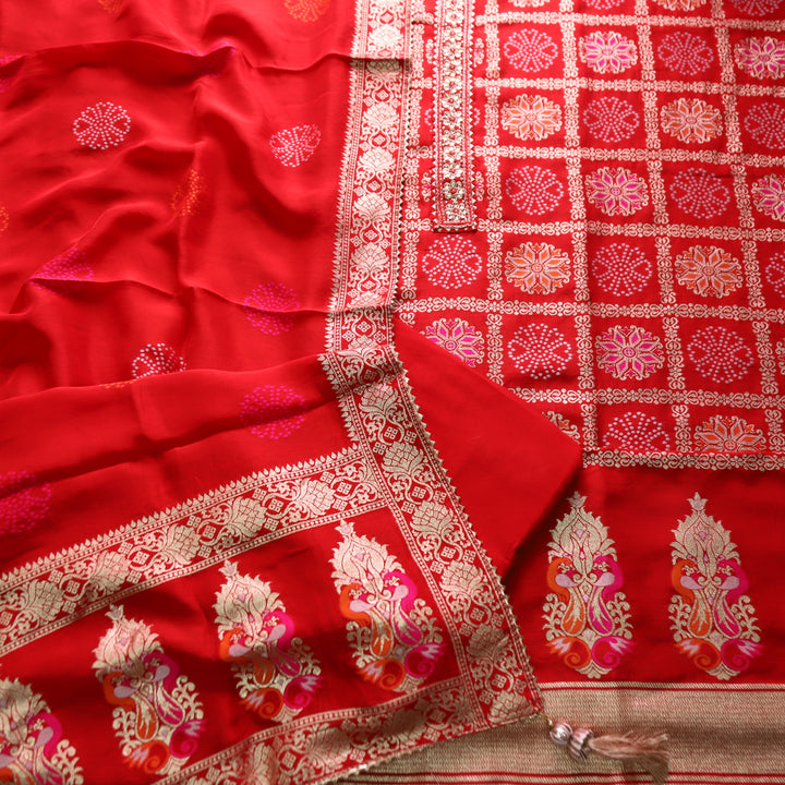 Naari Bride Red Embellished Neck in All Over Brocade Work Dola Silk Suit Set