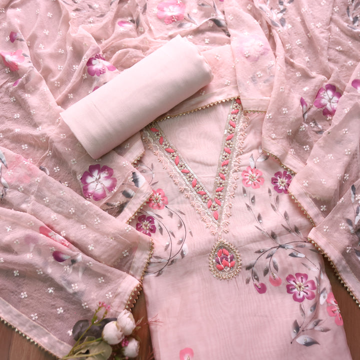 Khayaal Powder Pink Embellished V Neck with Hand Painted Hem Chanderi Suit Set
