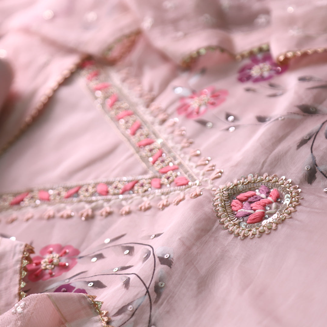 Khayaal Powder Pink Embellished V Neck with Hand Painted Hem Chanderi Suit Set