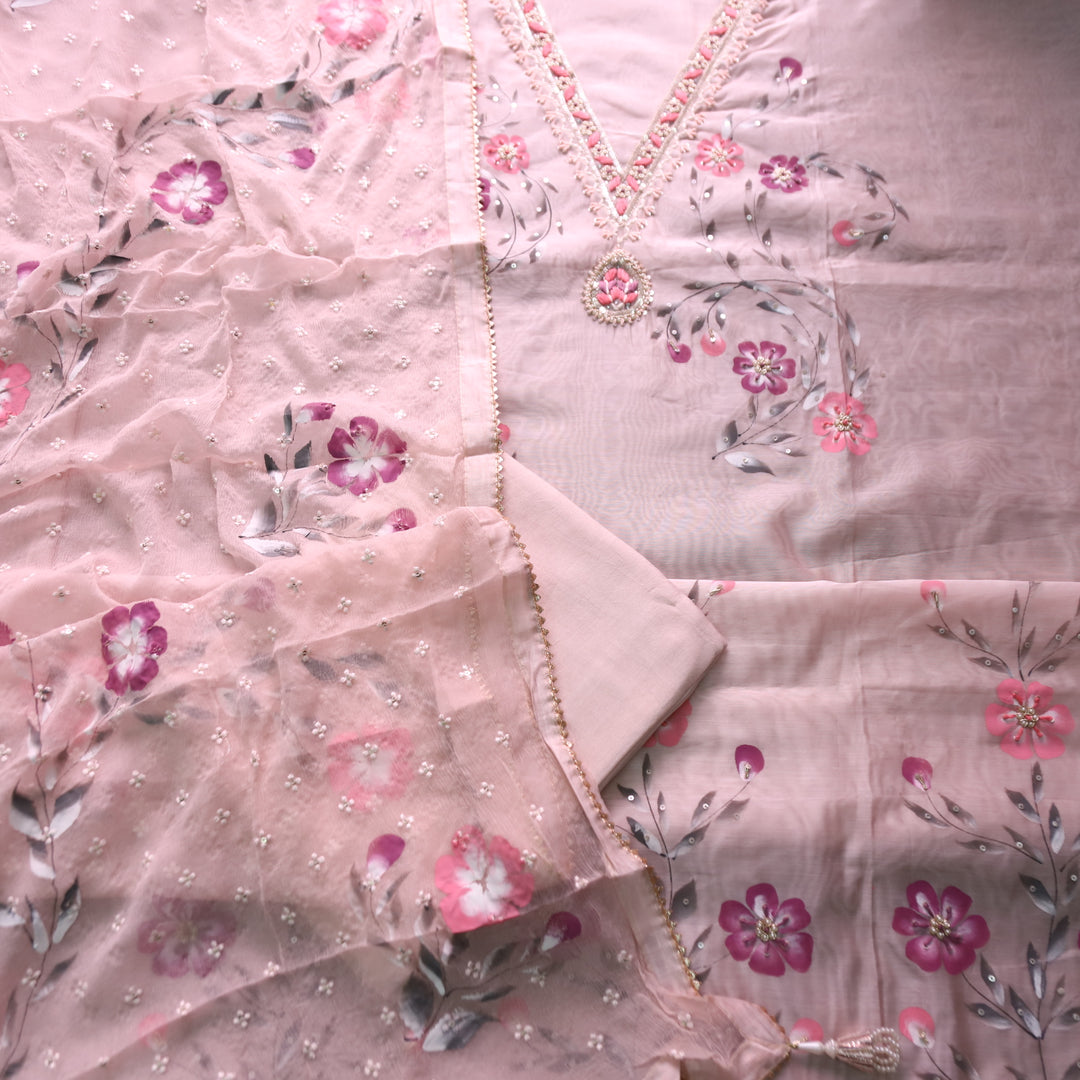 Khayaal Powder Pink Embellished V Neck with Hand Painted Hem Chanderi Suit Set