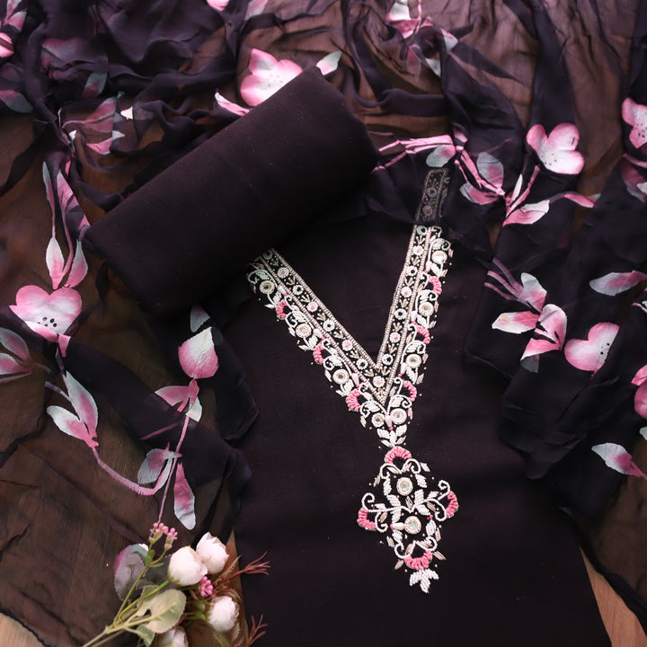 Blissta Ebony Black V Neck in Moti Work with Thread detailing Plain Cotton Suit Set