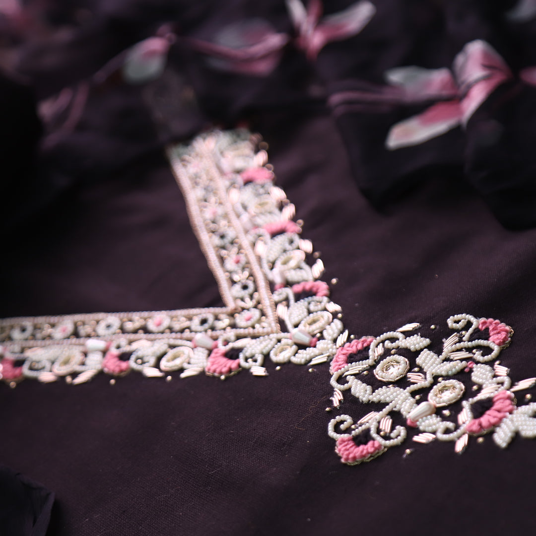 Blissta Ebony Black V Neck in Moti Work with Thread detailing Plain Cotton Suit Set